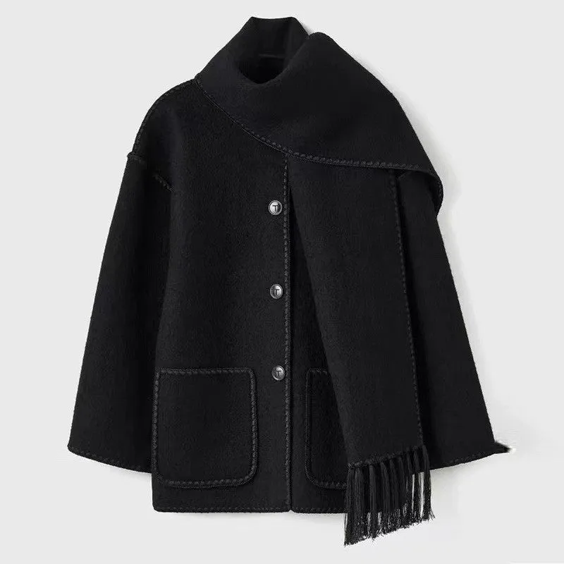 American New Fashion Woolen Coat Thickened Loose with Scarf Tassel Women's Style