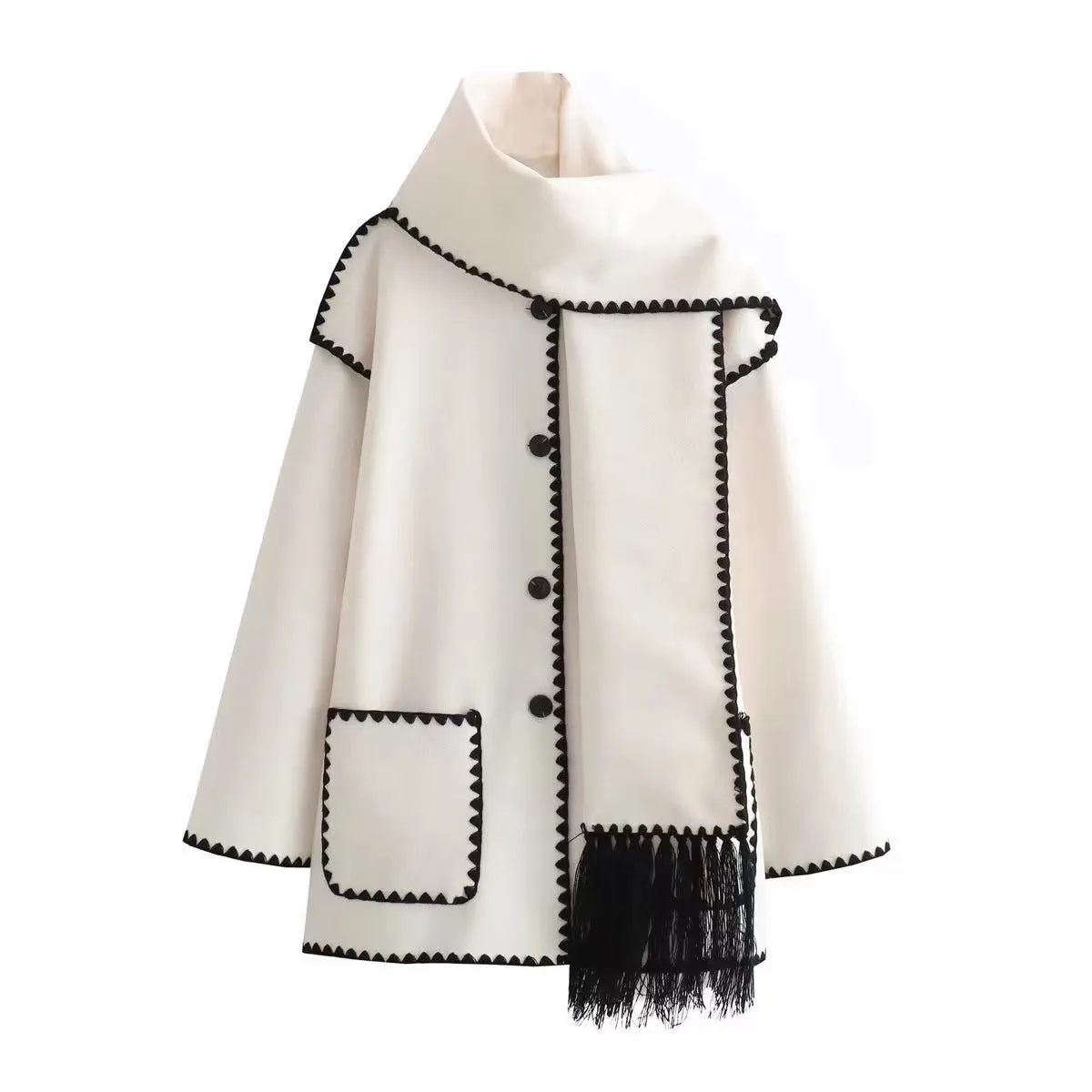 American New Fashion Woolen Coat Thickened Loose with Scarf Tassel Women's Style