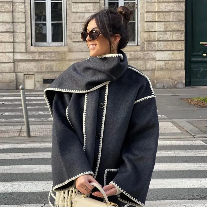 American New Fashion Woolen Coat Thickened Loose with Scarf Tassel Women's Style