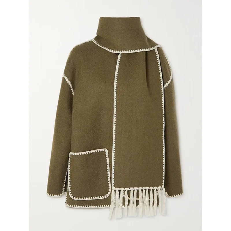 American New Fashion Woolen Coat Thickened Loose with Scarf Tassel Women's Style