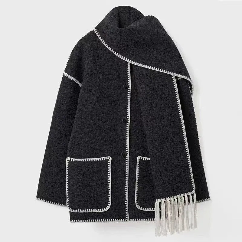 American New Fashion Woolen Coat Thickened Loose with Scarf Tassel Women's Style
