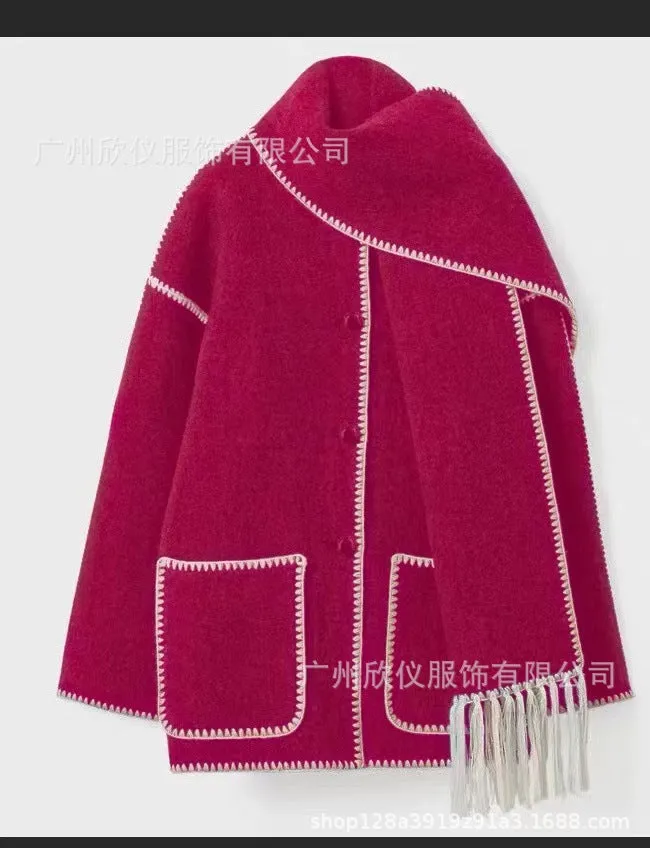 American New Fashion Woolen Coat Thickened Loose with Scarf Tassel Women's Style