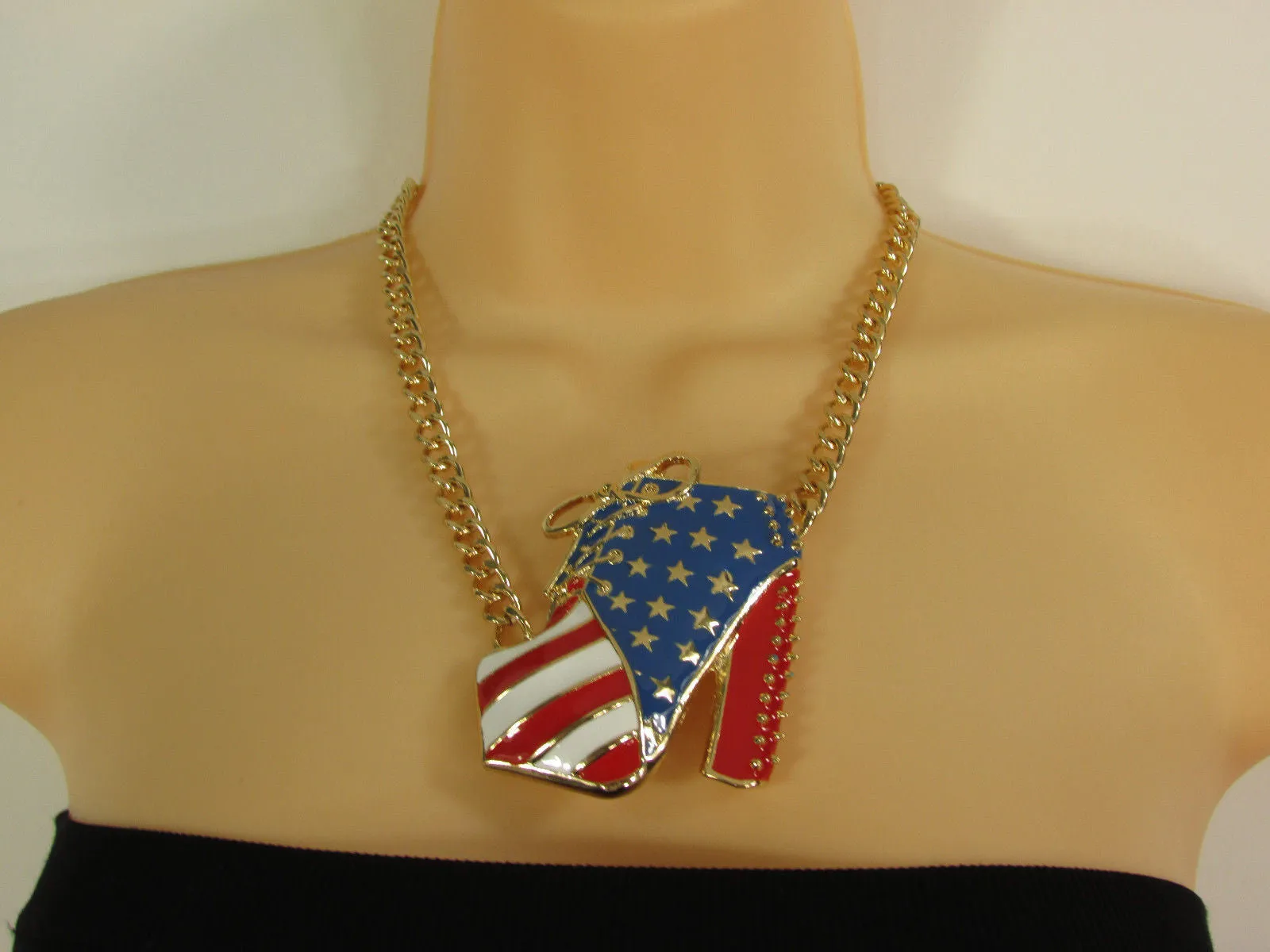 American USA Flag Patriotic Large Bootie Charm Short Necklace
