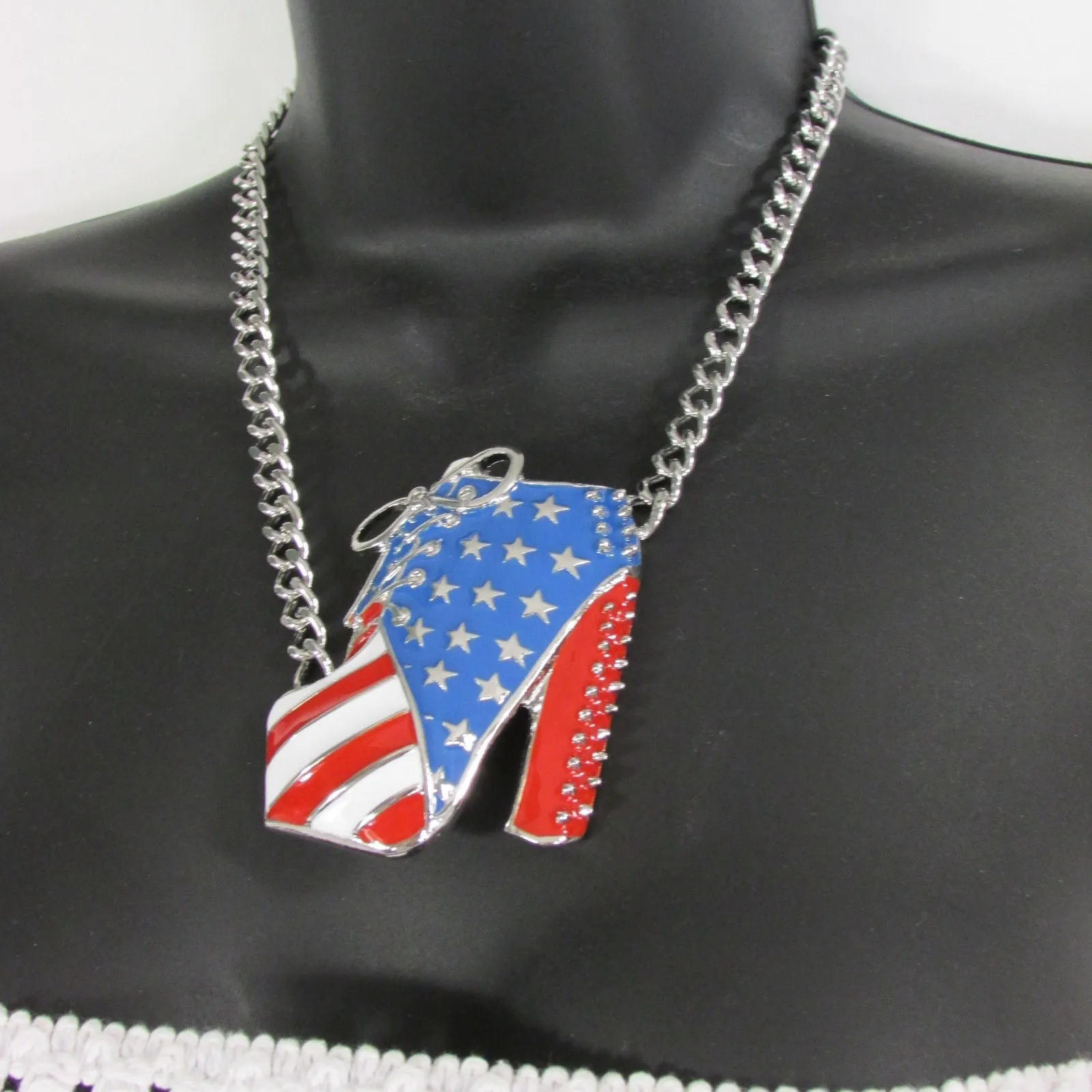 American USA Flag Patriotic Large Bootie Charm Short Necklace