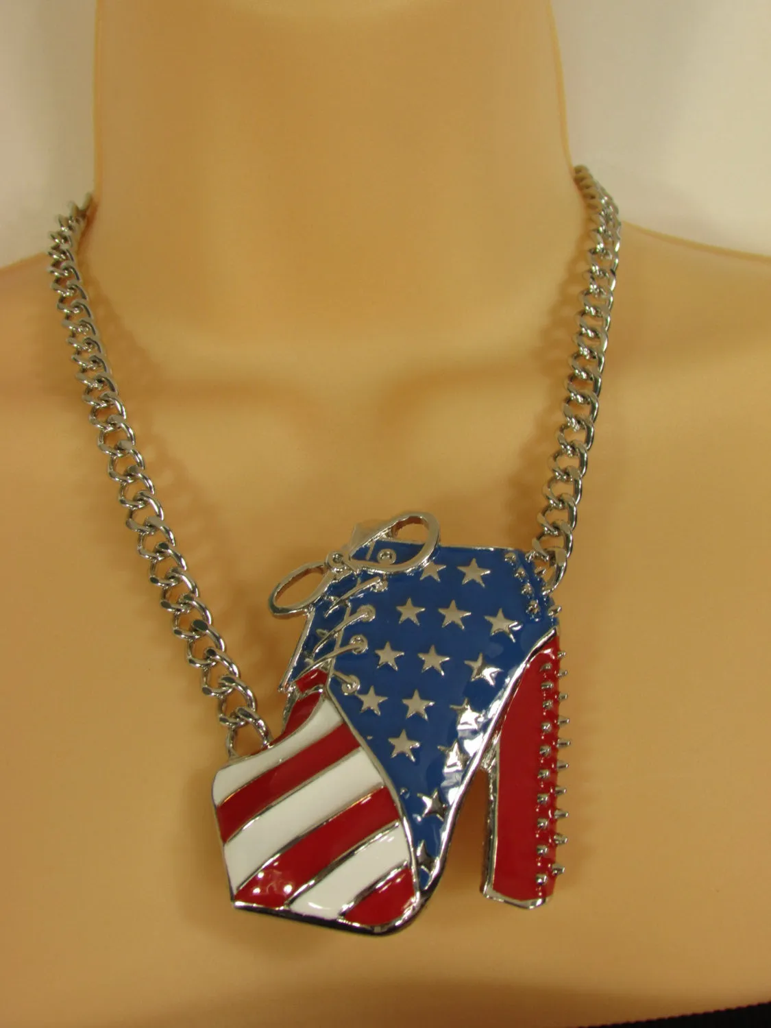 American USA Flag Patriotic Large Bootie Charm Short Necklace