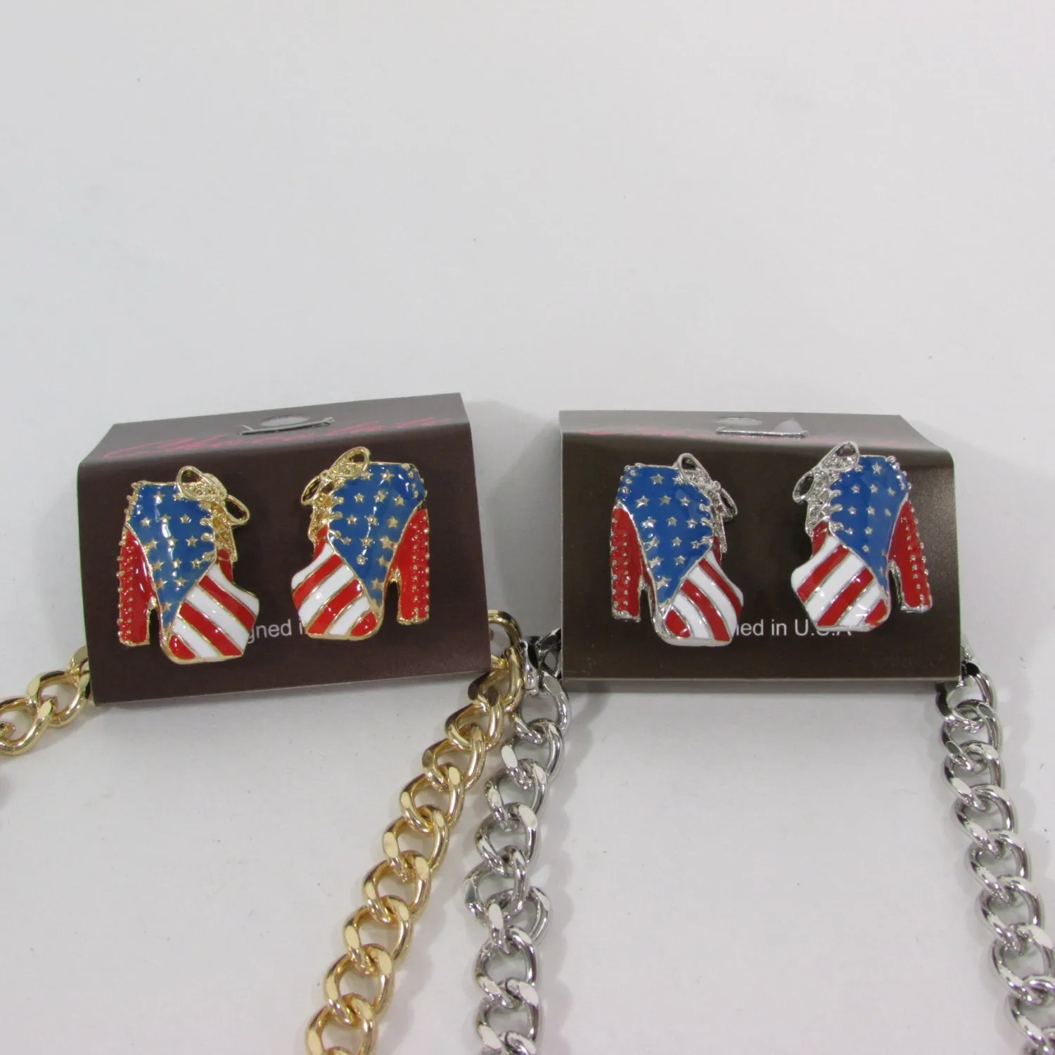 American USA Flag Patriotic Large Bootie Charm Short Necklace