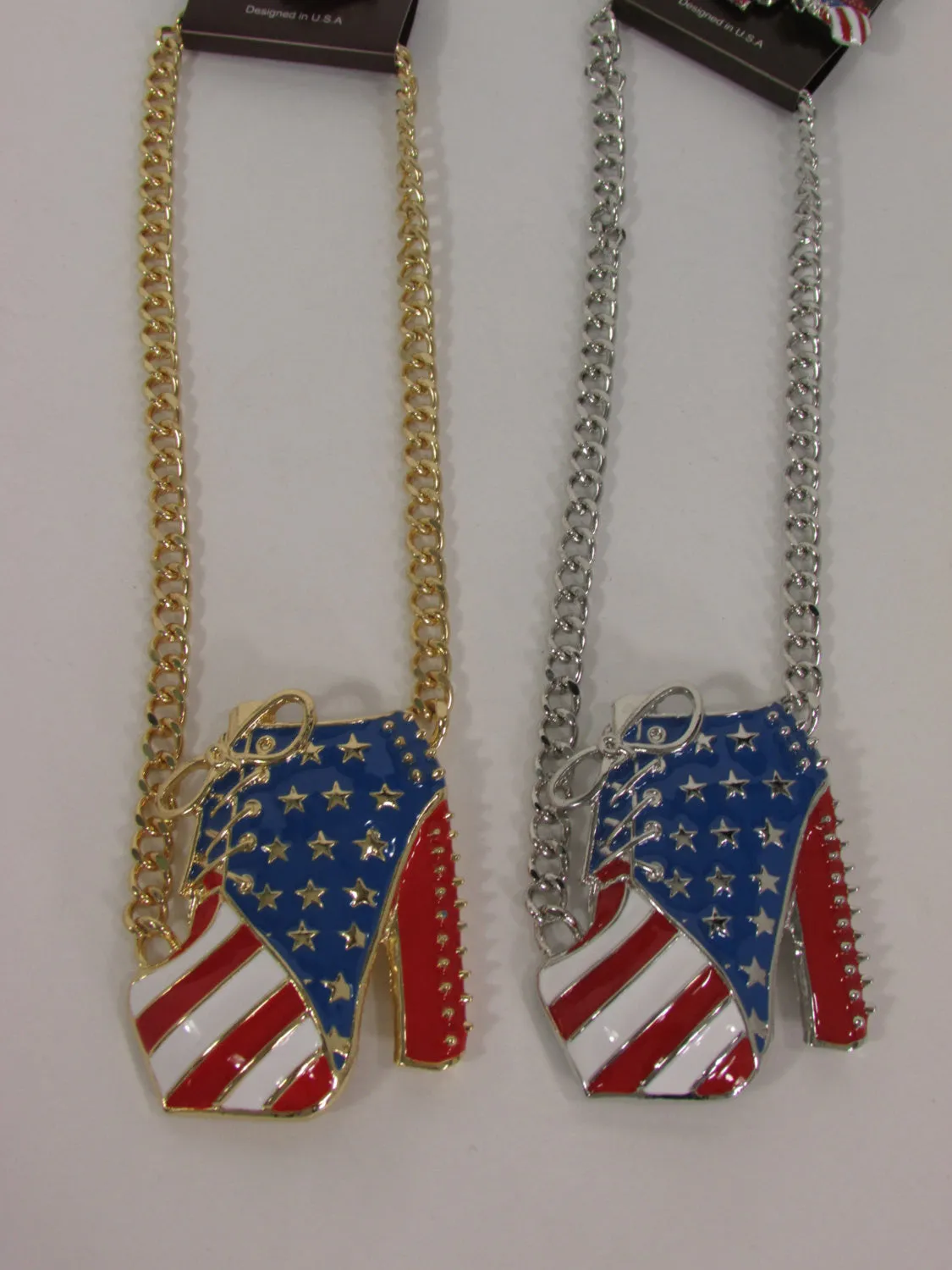 American USA Flag Patriotic Large Bootie Charm Short Necklace