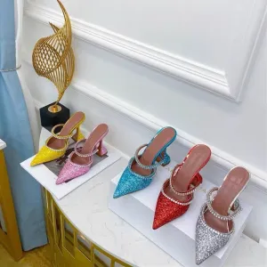 Amozae- Summer New Pointed Toe Rhinestone Sequined Stiletto Slippers Leopard Print Baotou Half Drag Sandals