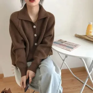 Amozae- Women's Solid Color Thickened Knitted Top Lapel Single-breasted Vintage Long Sleeve Jacket