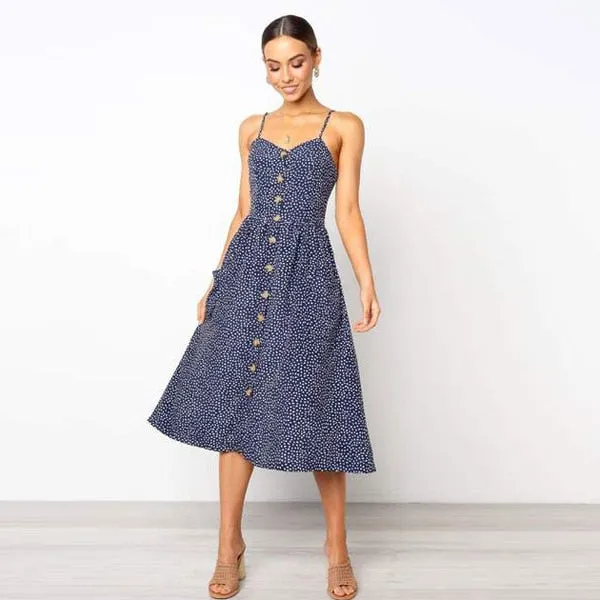 Amy Fashion - Backless Sleeveless Striped Dot Print Solid Dress