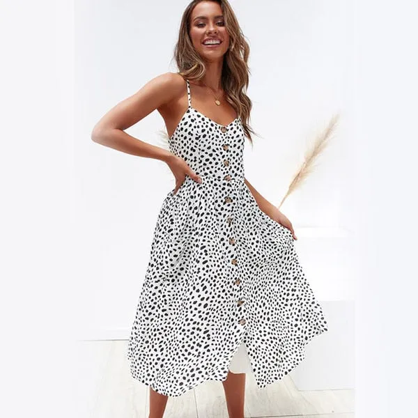 Amy Fashion - Backless Sleeveless Striped Dot Print Solid Dress
