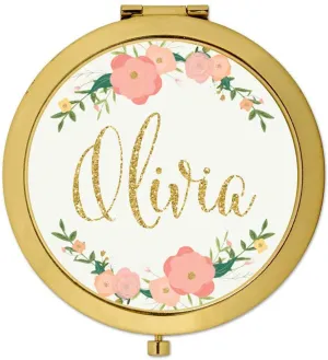 Andaz Press Personalized Peach Pink Florals with Faux Gold Glitter Monogram Gold Compact Mirror