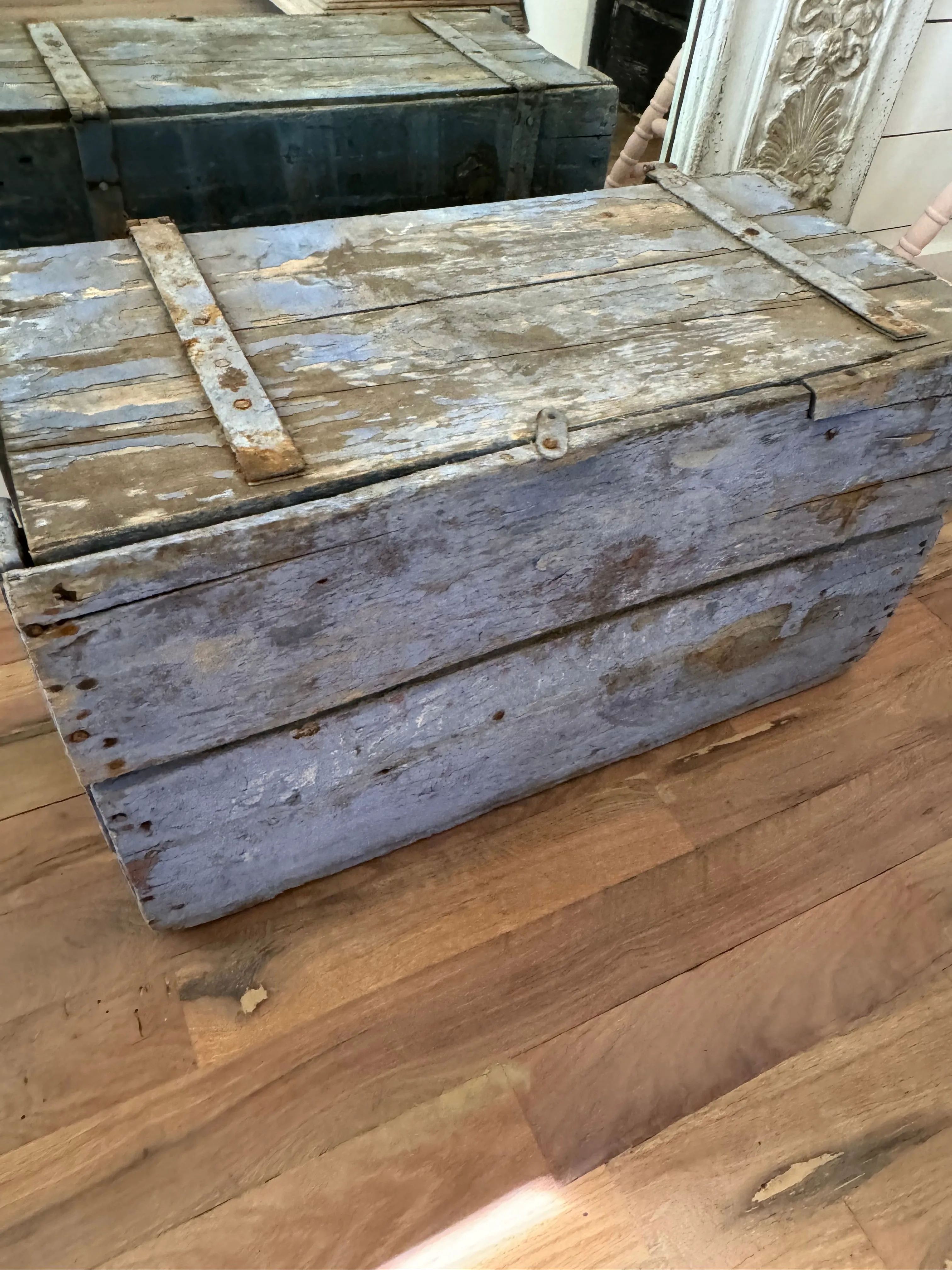 Antique English Kindling Box Chippy Original Blue Paint