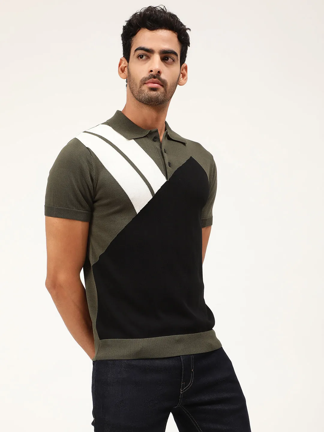 Antony Morato Men Olive Green  White Colourblocked Pullover