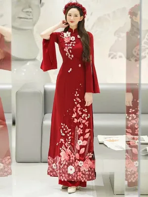 Ao Dai Vietnam Red Slit Sleeve Designer Include Ao Dai Top And Pants