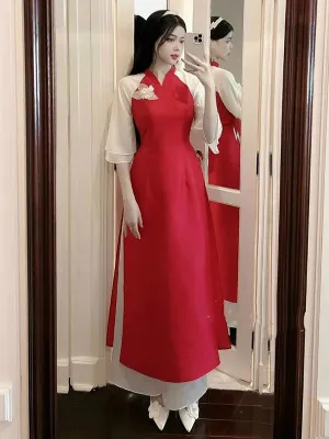 Ao Dai Vietnam Red Velvet With 3D Flower Include Ao Dai Top And Pants