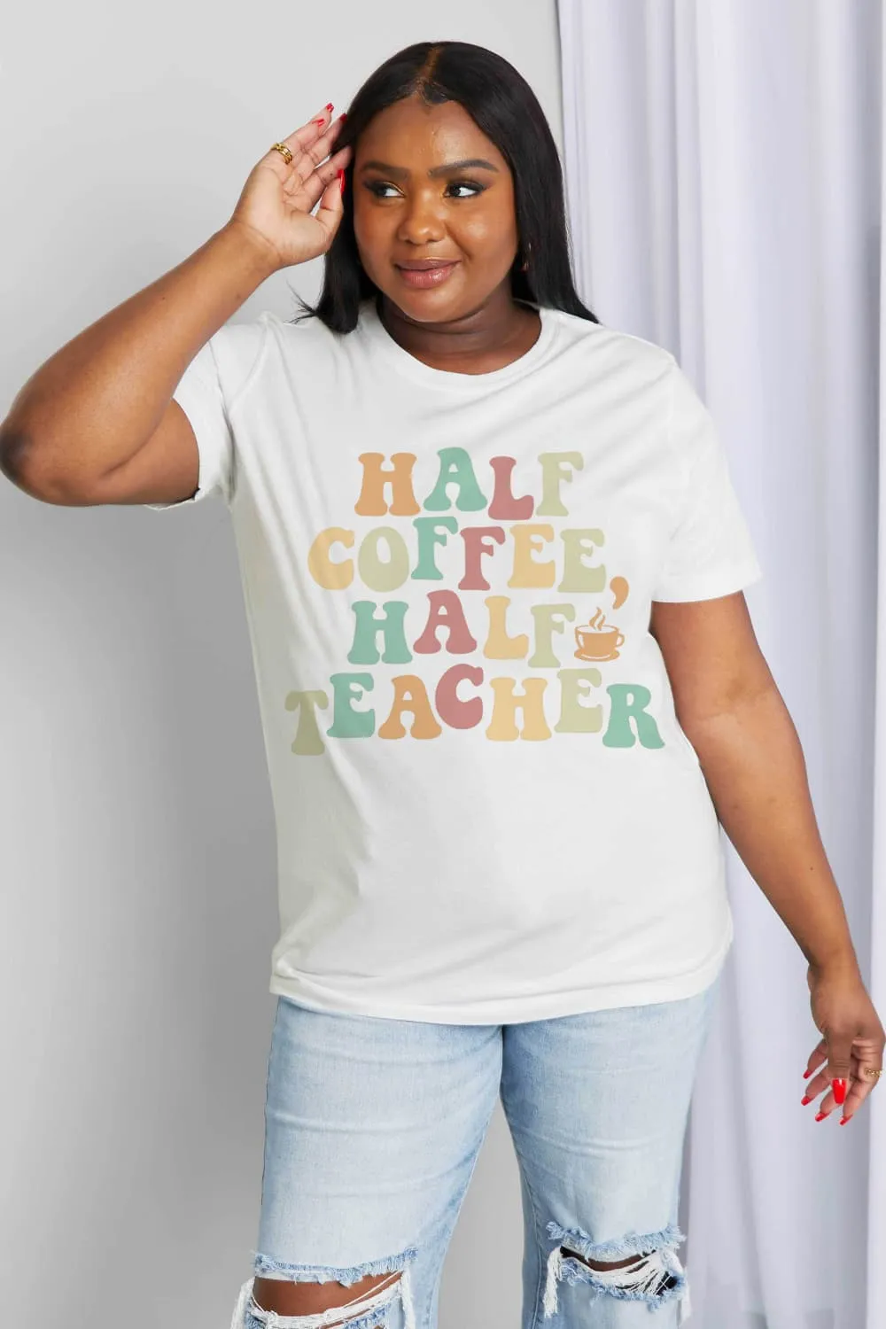 *APP EXCLUSIVE* HALF COFFEE HALF TEACHER Graphic Cotton Tee