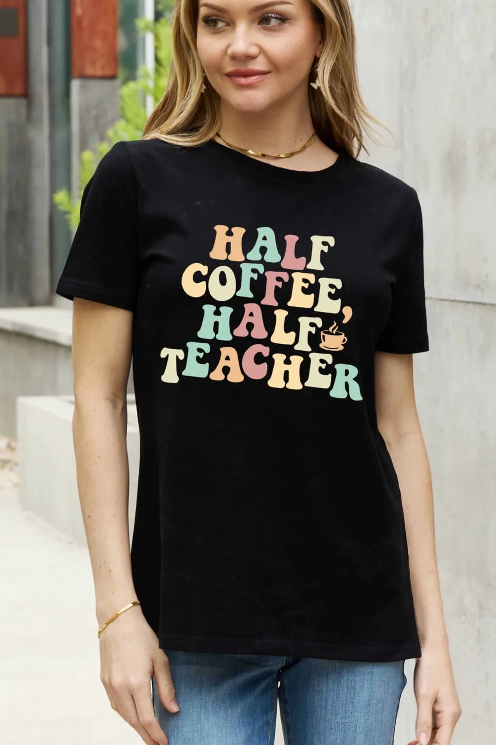*APP EXCLUSIVE* HALF COFFEE HALF TEACHER Graphic Cotton Tee