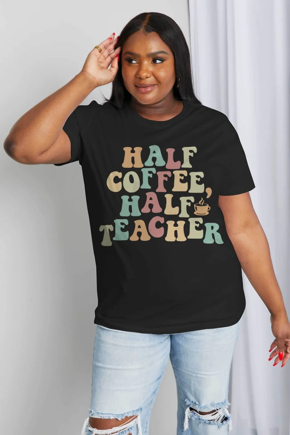 *APP EXCLUSIVE* HALF COFFEE HALF TEACHER Graphic Cotton Tee