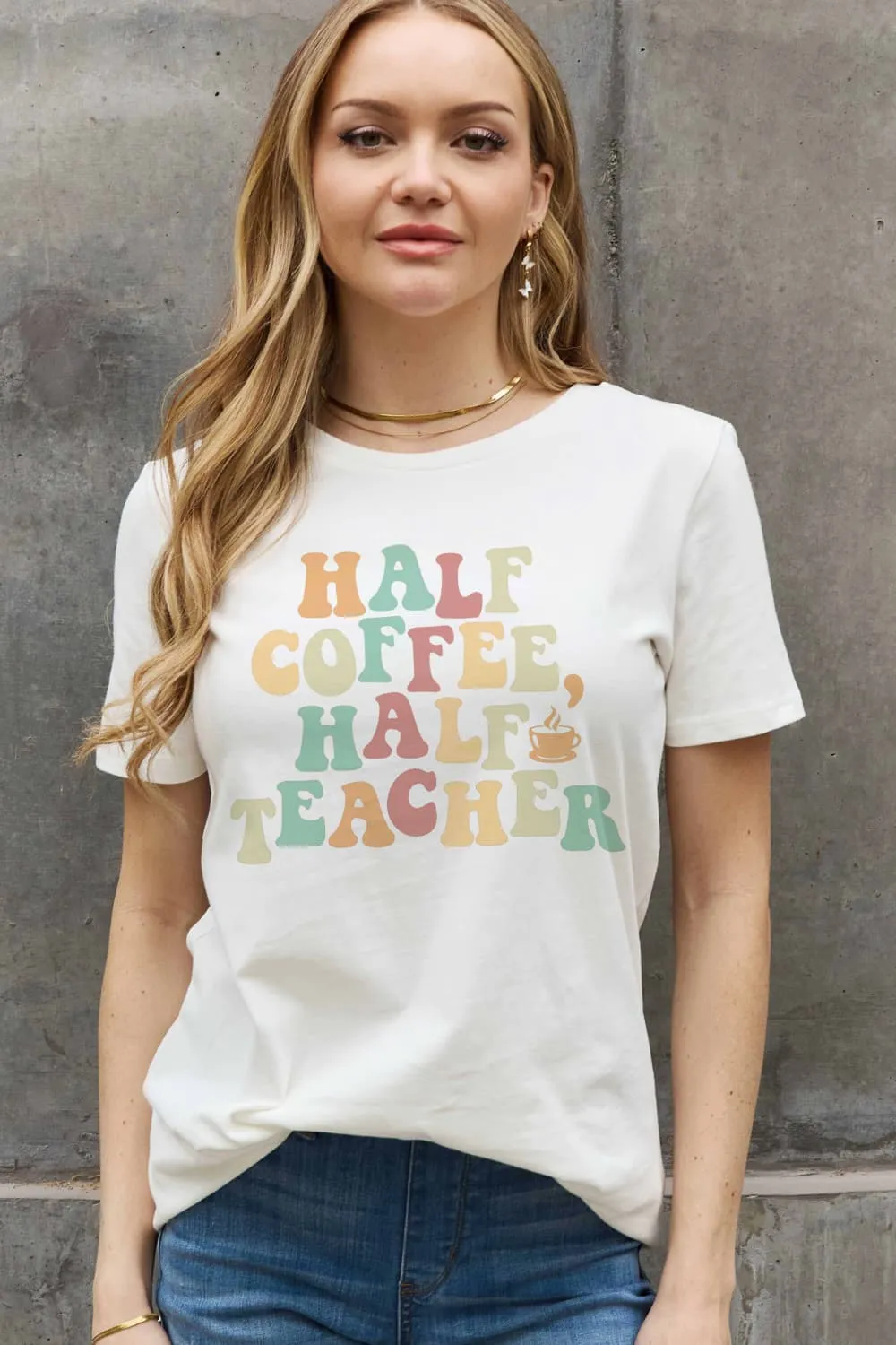 *APP EXCLUSIVE* HALF COFFEE HALF TEACHER Graphic Cotton Tee