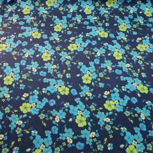 Aqua and Light Green Floral on a Dark Blue Background China Silk Fabric