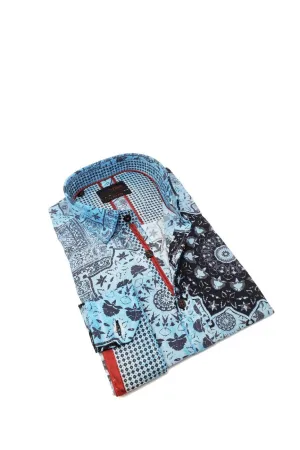 Aqua Button Down Wheel Shirt W/ Red Trim