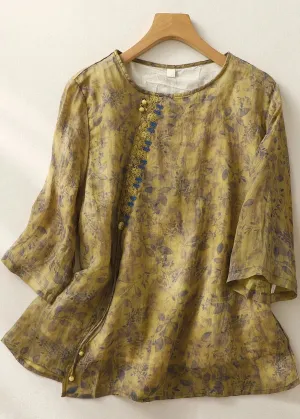 Army Green Patchwork Cotton Shirt Tops O Neck Print Summer LY8281