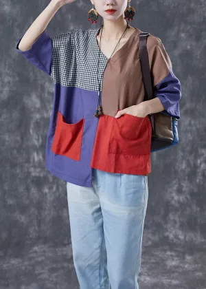 Art Colorblock Asymmetrical Patchwork Plaid Cotton Blouse Top Summer LY4128