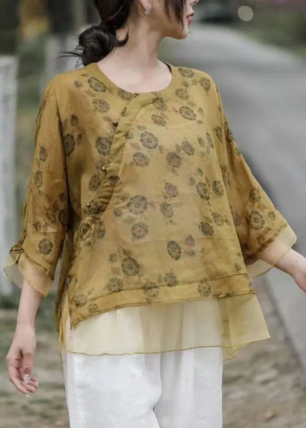 Art Yellow O Neck Print Organza Patchwork Linen Top Summer LY4020