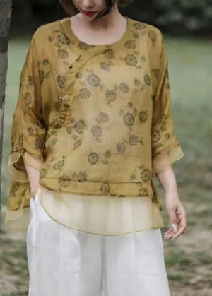 Art Yellow O Neck Print Organza Patchwork Linen Top Summer LY4020
