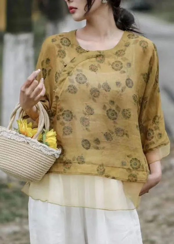 Art Yellow O Neck Print Organza Patchwork Linen Top Summer LY4020