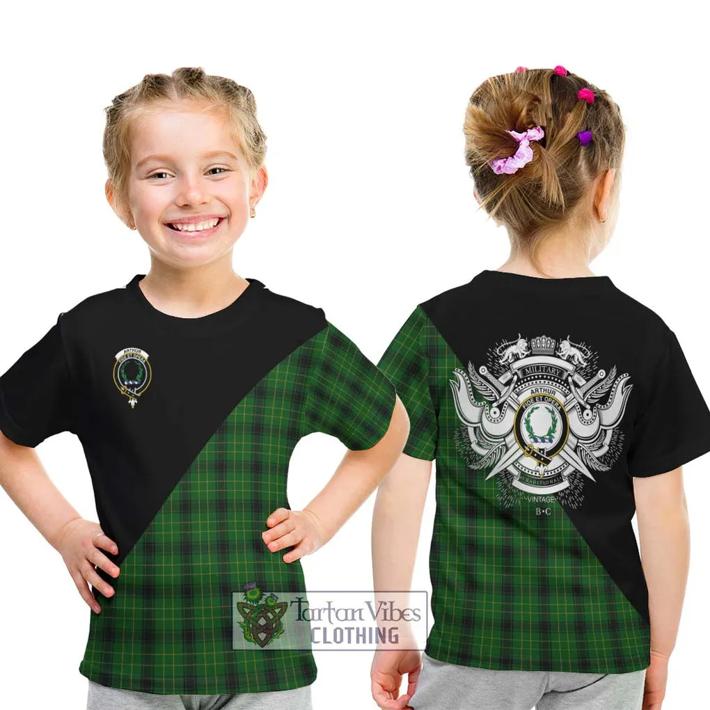 Arthur Highland Tartan Kid T-Shirt with Family Crest and Military Logo Style