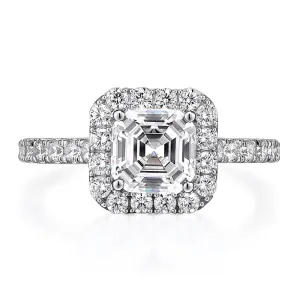 Asscher and Round Brilliant halo engagement ring with 2.21 carats* of diamond simulants in 14 carat white gold