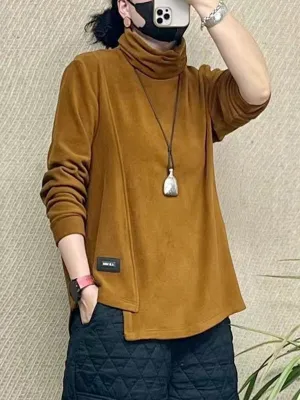 Asymmetric Solid Color Long Sleeves Loose High Neck T-Shirts Tops