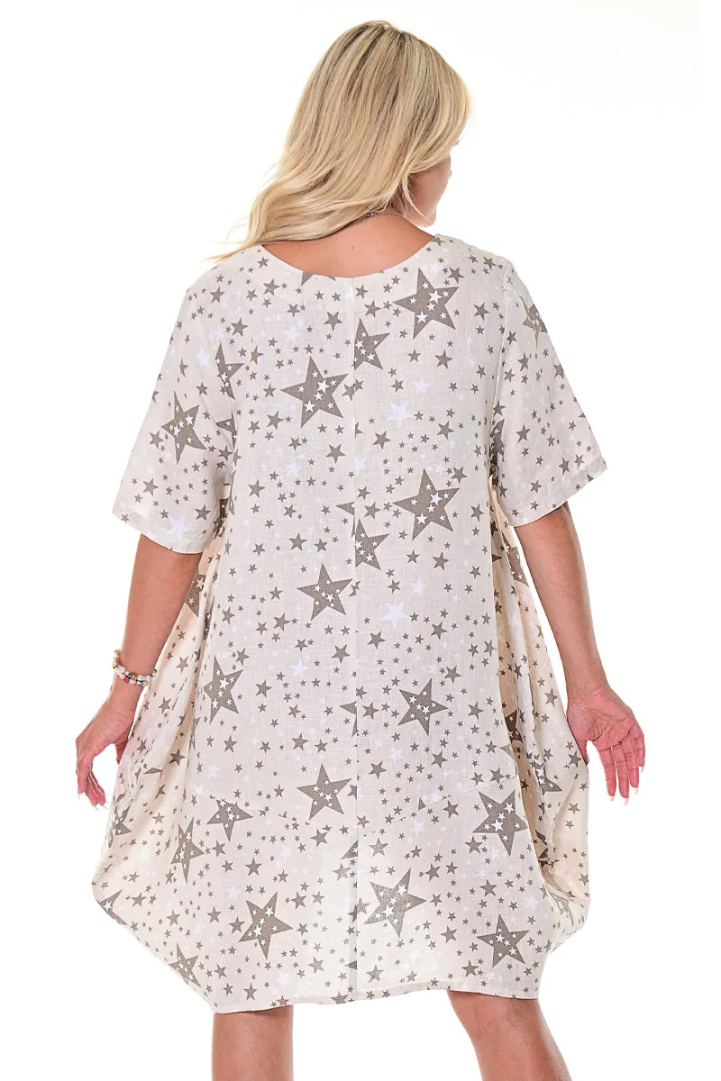 Azucar Ladies 100% Linen Loose Fit Short Sleeve Dress Matchbook Pockets in (4) Colors-LLWD105