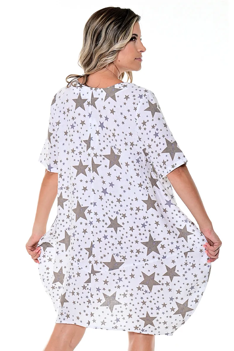 Azucar Ladies 100% Linen Loose Fit Short Sleeve Dress Matchbook Pockets in (4) Colors-LLWD105