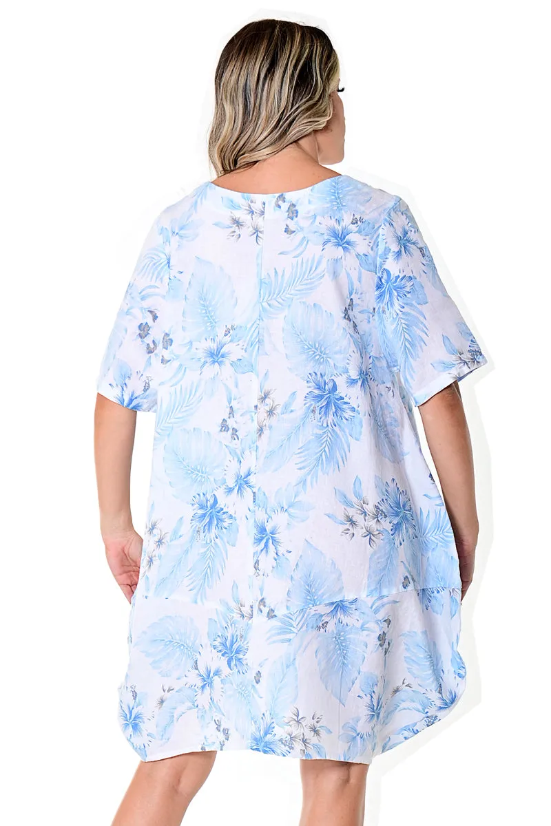 Azucar Ladies 100% Linen Loose Fit Short Sleeve Dress Matchbook Pockets in (4) Colors-LLWD105