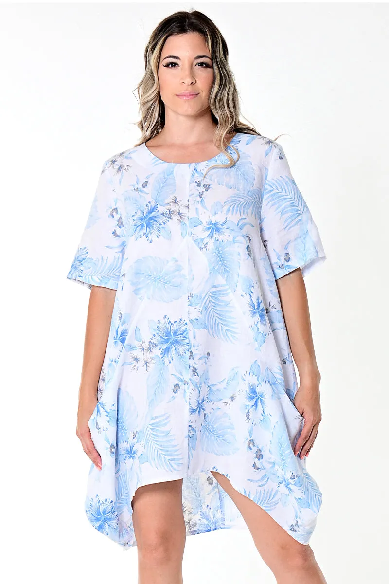 Azucar Ladies 100% Linen Loose Fit Short Sleeve Dress Matchbook Pockets in (4) Colors-LLWD105