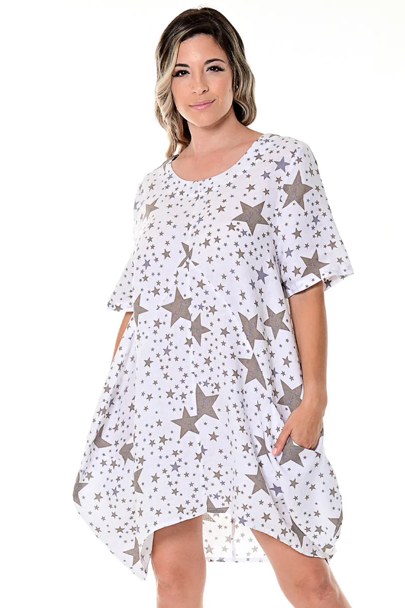 Azucar Ladies 100% Linen Loose Fit Short Sleeve Dress Matchbook Pockets in (4) Colors-LLWD105