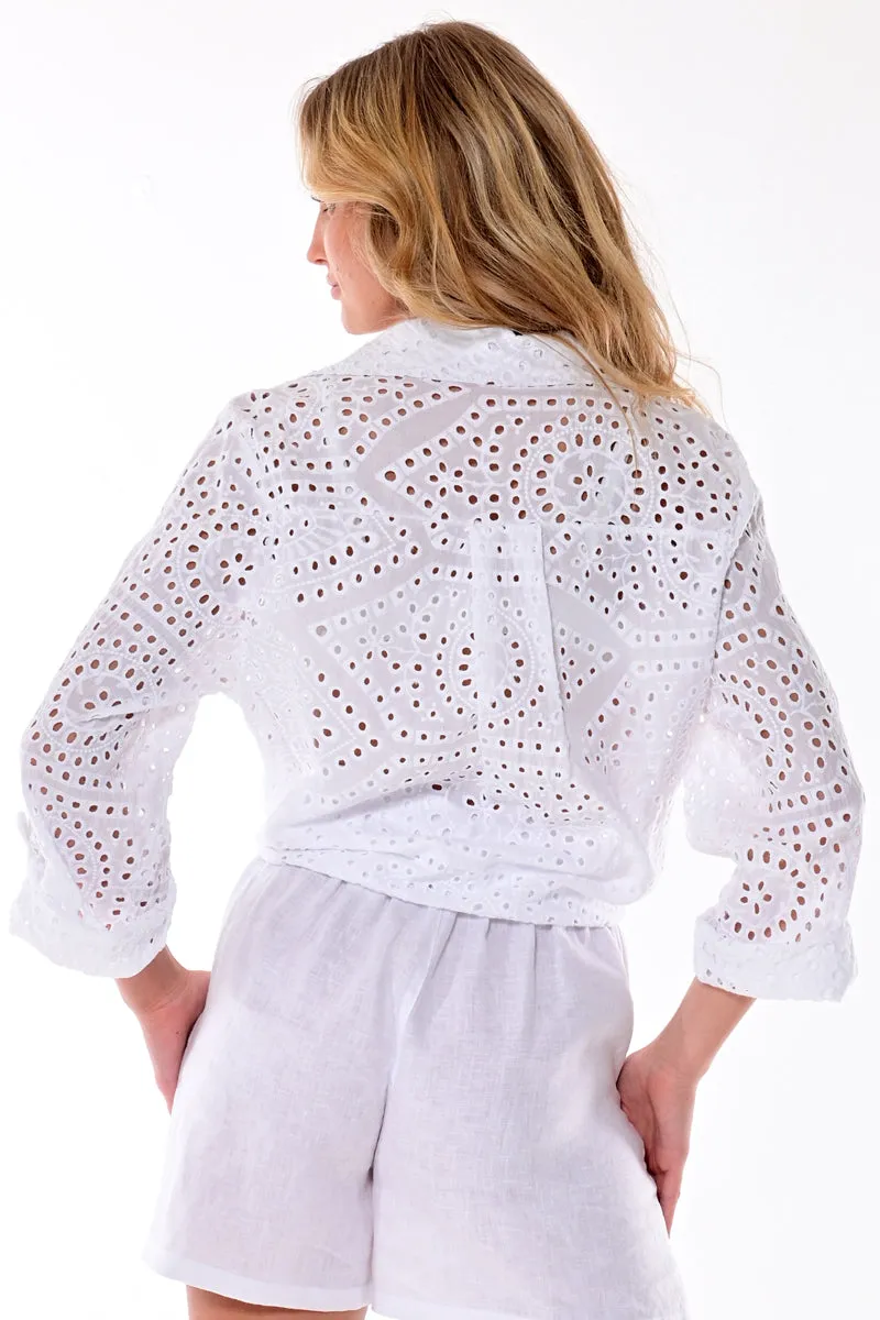AZUCAR LADIES FRONT TIE EYELET LONG SLEEVE BLOUSE 100% COTTON - IN (4) COLORS - LCB2201