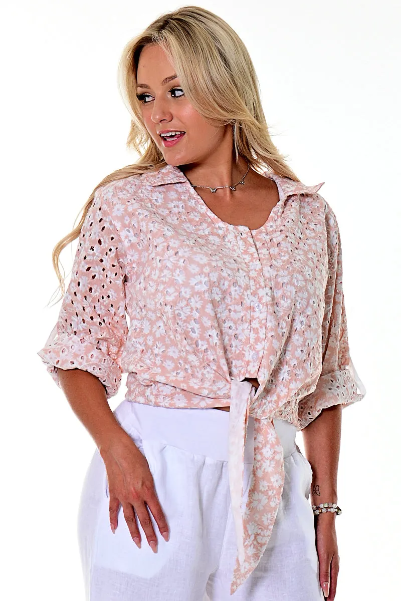 AZUCAR LADIES FRONT TIE EYELET LONG SLEEVE BLOUSE 100% COTTON - IN (4) COLORS - LCB2201