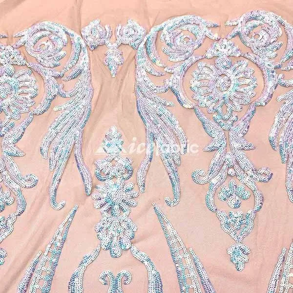Baby Blue on Nude Geometric Sequin Fabric _ Embroidered 4 Way Stretch Mesh