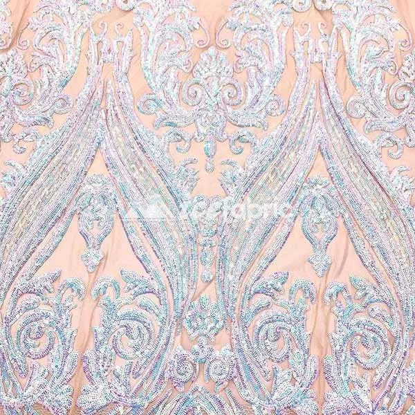 Baby Blue on Nude Geometric Sequin Fabric _ Embroidered 4 Way Stretch Mesh