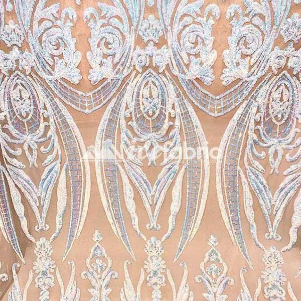 Baby Blue on Nude Geometric Sequin Fabric _ Embroidered 4 Way Stretch Mesh