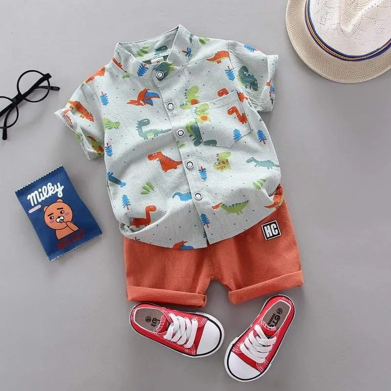 Baby Boy Animal & Dinosaur Print Vacation Shirt with Shorts Set (3 Colors)