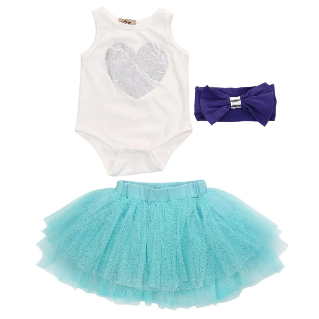 Baby Girls Clothing Set Sleeveless Heart Bodysuit Romper   Tutu Skirt   Headband 3pcs Outfit