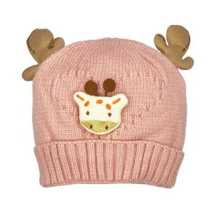 Baby Knitted Cap With Antlers- Pink
