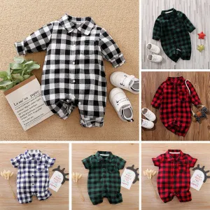 Baby Plaid Print   Lapel Collar Short/Long Sleeve Jumpsuit (4 Colors)