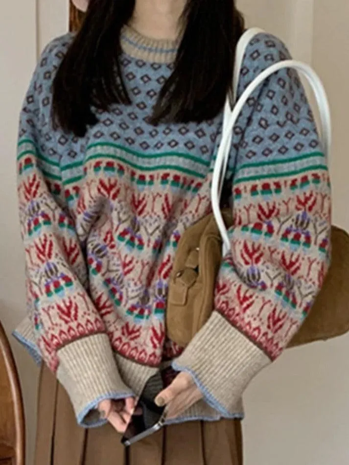 Back To School Sonicelife Vintage Jacquard Splice Knit Sweater