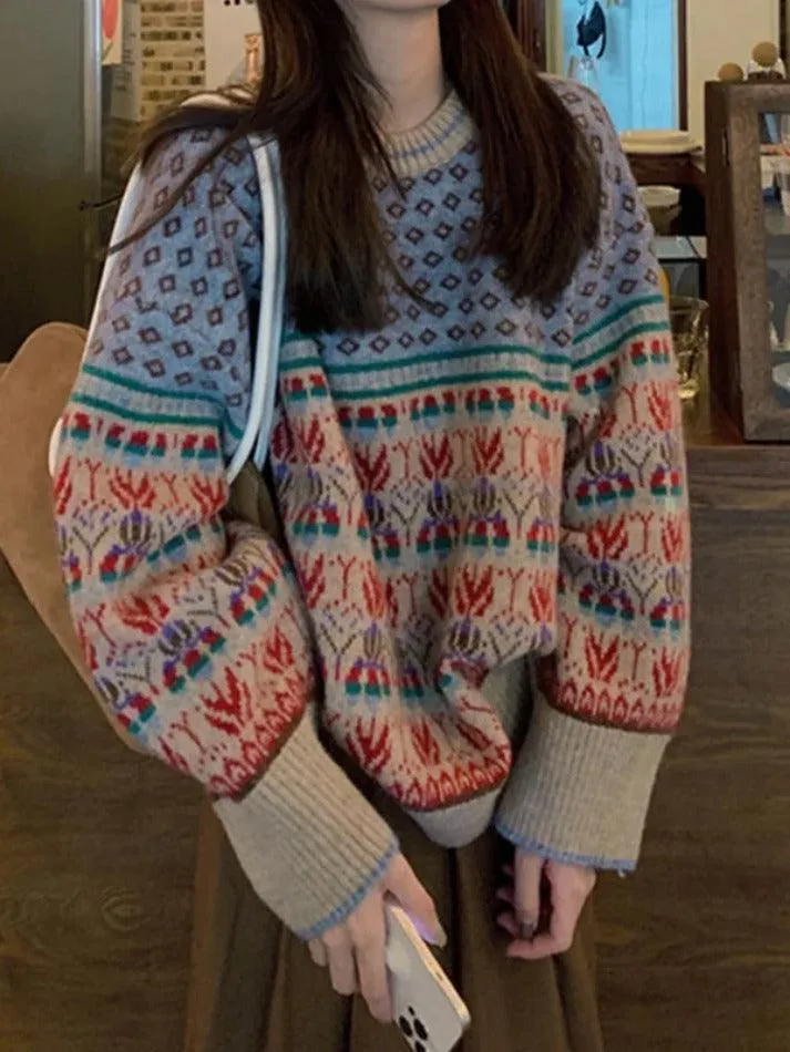 Back To School Sonicelife Vintage Jacquard Splice Knit Sweater